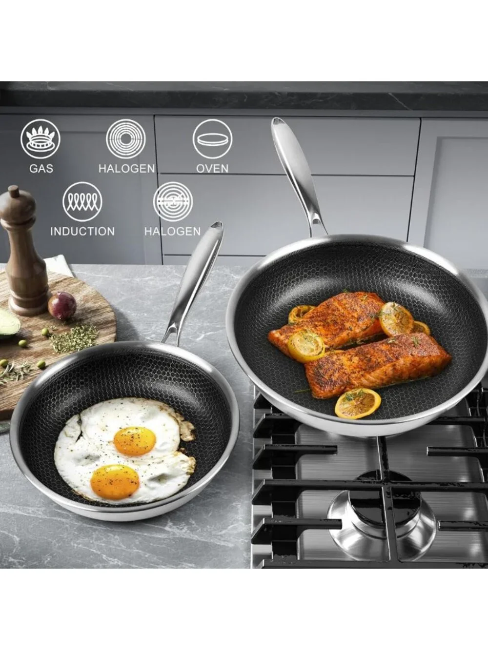 Non-Stick Stainless Steel Frying Pan Set with Lid | Honeycomb Coating